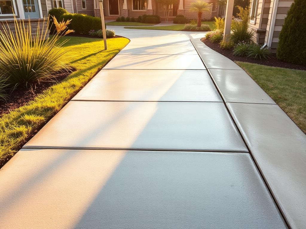 A pristine driveway and sidewalk, gleaming under the sunlight after a thorough pressure washing. The concrete surfaces are free of stains and debris, showcasing their original color and texture. The surrounding landscape includes well-maintained grass and flower beds, adding to the overall beauty. The scene captures a sense of cleanliness and safety, inviting residents and visitors alike to enjoy the refreshed path.