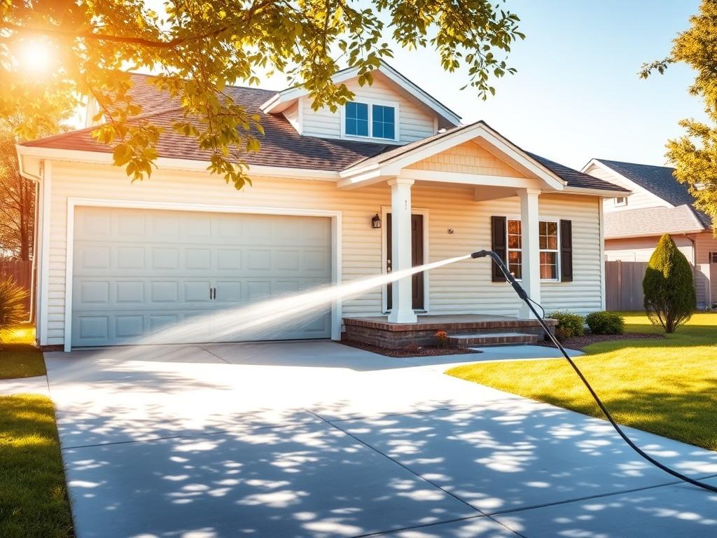 A bright and inviting residential home with a freshly washed exterior, showcasing clean siding and a spotless driveway. The scene is set in a serene neighborhood with soft sunlight filtering through the trees, creating golden hues. A pressure washer can be seen in action, with water spraying gently against the house, emphasizing the transformation. The background features well-kept lawns and a clear blue sky, enhancing the sense of cleanliness and freshness.