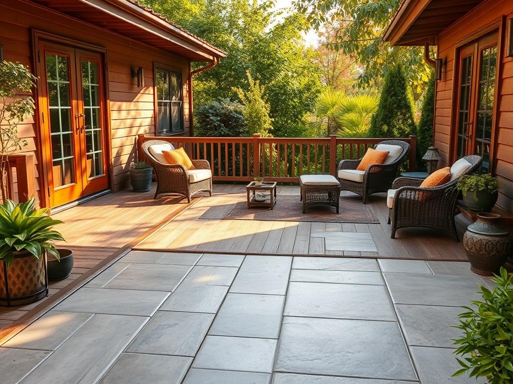 A beautifully restored deck and patio area, showcasing clean wooden planks and spotless stone tiles. The setting features comfortable outdoor furniture arranged neatly, adorned with colorful cushions. Lush greenery surrounds the space, and sunlight casts a warm glow, creating a welcoming atmosphere. The scene captures the essence of a refreshing outdoor retreat, emphasizing the transformation achieved through professional cleaning.