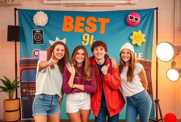 Friends posing playfully with props and trendy backdrop