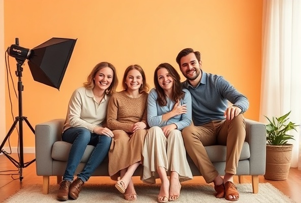 Family of four in professional portrait session with earth tones