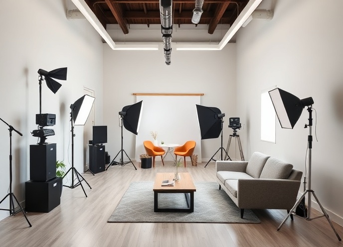 Modern photo studio interior with professional lighting setup