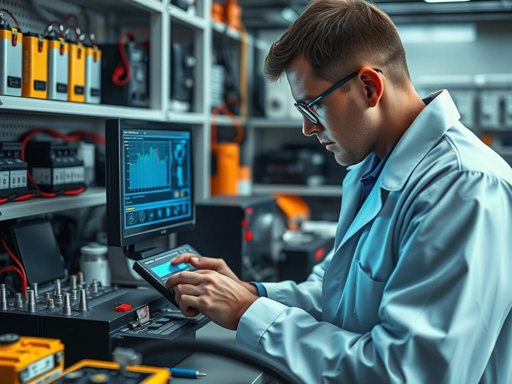 A close-up shot of a technician conducting a battery test in a lab environment. The technician is using advanced testing equipment and analyzing data on a screen. The background features various battery types and tools, creating a scientific atmosphere. The image should be hyper-realistic, taken with a 45mm f/1.2 lens style.