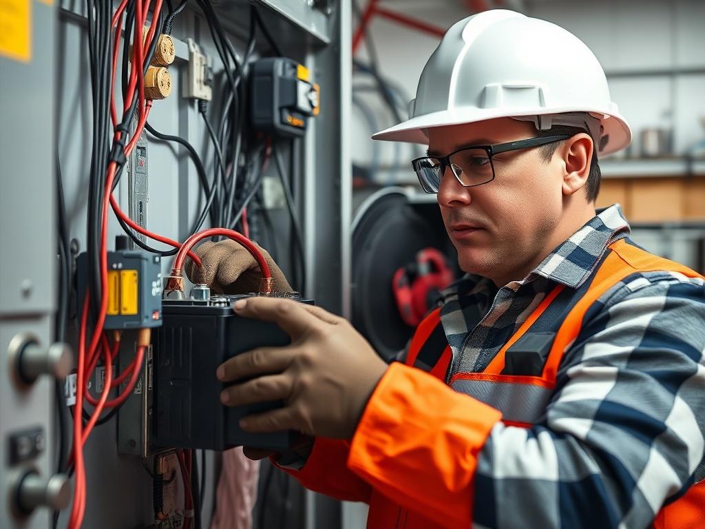 A close-up shot of a professional technician installing a battery in a home setting. The technician is focused and wearing safety gear. The background shows a well-organized electrical room with wires and tools, emphasizing a clean and professional environment. The image should have a hyper-realistic quality, using a 45mm f/1.2 lens style.