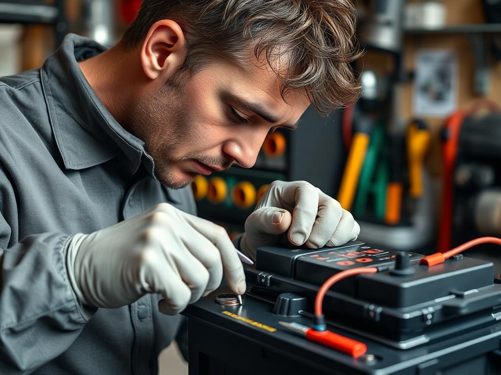 A close-up shot of a technician performing maintenance on a battery in a home environment. The technician is carefully inspecting the battery connections and cleaning the terminals. The background is a tidy space with tools and safety equipment visible. The image should be hyper-realistic, captured using a 45mm f/1.2 lens style.