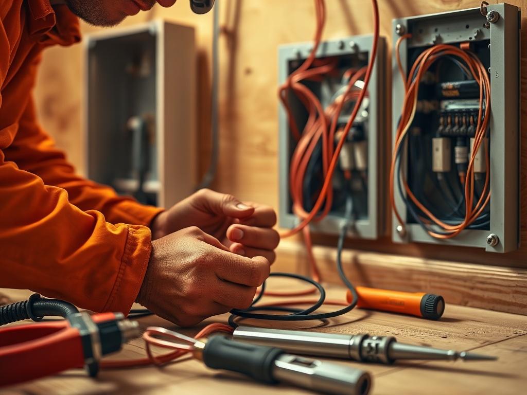 A high-resolution close-up shot of a professional electrician installing electrical wiring in a home. The image should focus on the electrician's hands working carefully with wires, tools scattered around, and a partially completed electrical panel in the background. The lighting should be warm, highlighting the craftsmanship and attention to detail. The color palette should include shades of orange and neutral tones.
