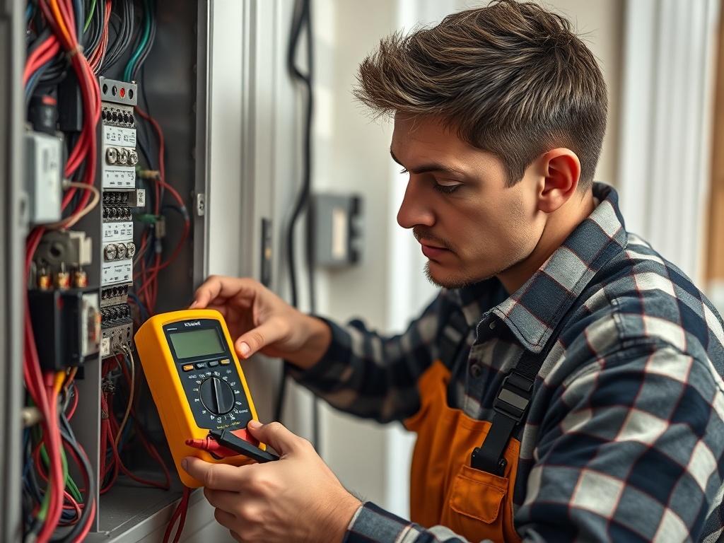 A high-resolution close-up shot of an electrician diagnosing an electrical system in a home. The image should show the electrician using a multimeter on a circuit panel, with tools and electrical components around. The focus should be on the electrician's concentrated expression and the equipment used, highlighting the technical nature of the work.