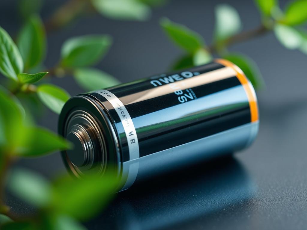 A hyper-realistic close-up shot of a Na-ion battery, showcasing its sleek design and modern technology. The background should be simple and focus on the battery, with a hint of green elements to emphasize sustainability. The image should reflect innovation and efficiency.