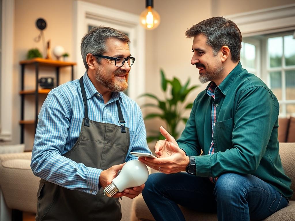 A realistic photo of an energy efficiency consultation in action, featuring a professional discussing energy-saving solutions with a homeowner. The scene should convey a friendly and informative atmosphere, with visual elements that represent energy efficiency, like light bulbs and energy-saving gadgets.