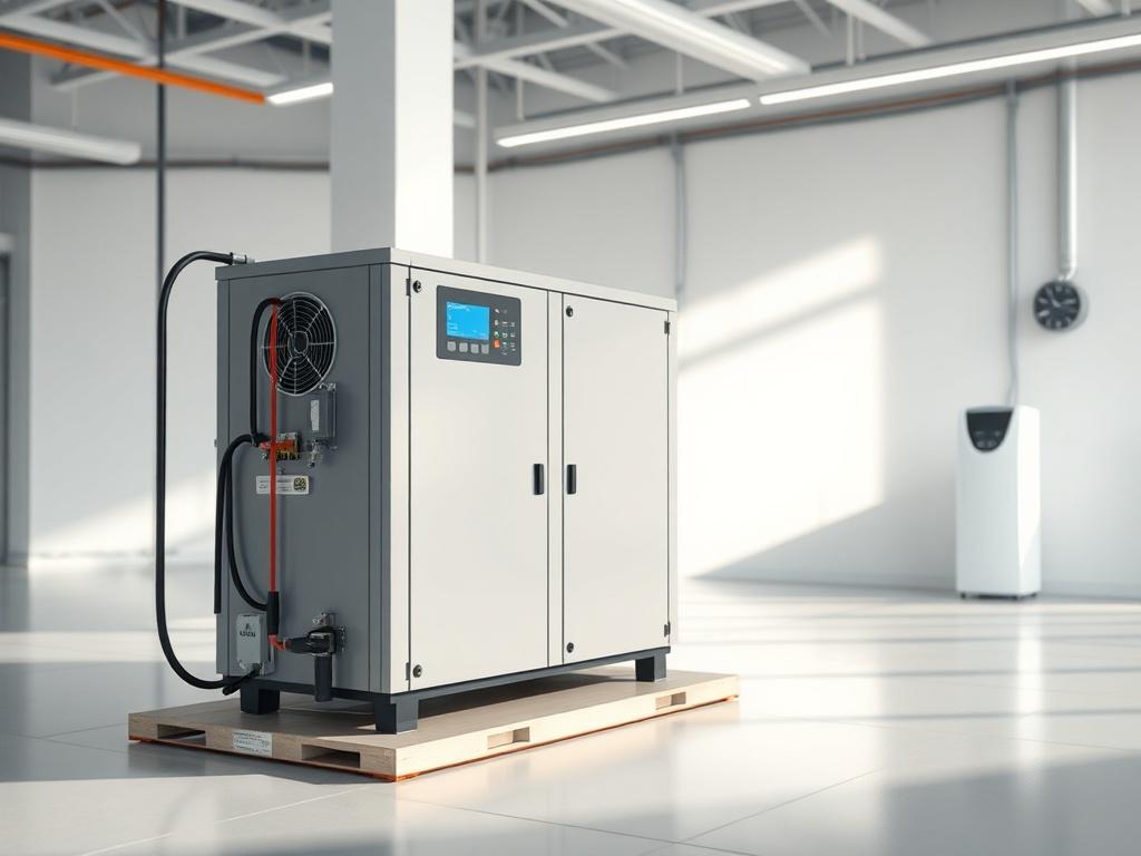 A realistic high-resolution image featuring a Na-ion battery setup in a clean, modern environment. The focus should be on the battery unit, showcasing its advanced technology. The background should be minimalistic, emphasizing the innovation and efficiency of energy storage solutions.