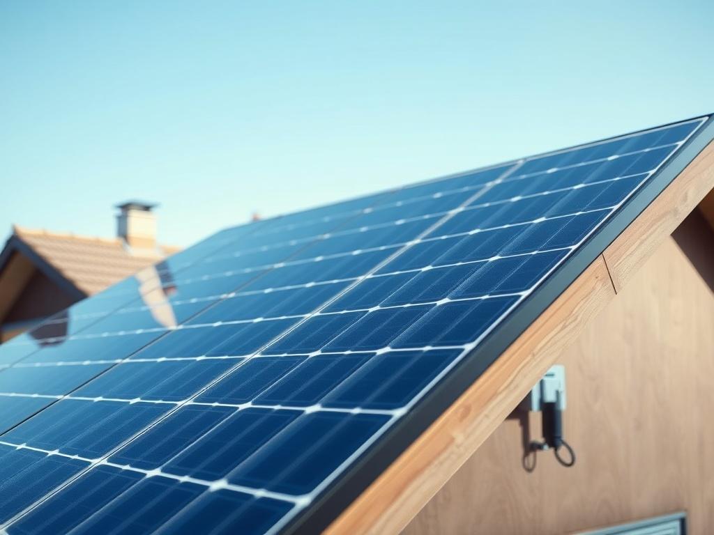 A realistic high-resolution image showing a solar panel installation on a modern house rooftop under a clear blue sky. The composition should focus on the solar panels, highlighting their sleek design against the backdrop of the house. The lighting should be bright and natural, emphasizing the technology and eco-friendliness of solar solutions.