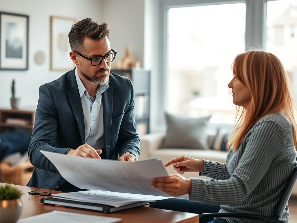 A realistic high-resolution image depicting a professional consultation session about energy efficiency, with an expert discussing plans and solutions with a homeowner. The setting should be a modern office or home environment, reflecting professionalism and clarity in energy management.