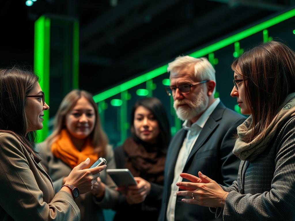 A close-up shot of a diverse group of people discussing Na-ion battery technology, set against a dark background with green accents. The individuals should represent various sectors such as renewable energy, automotive, and research, emphasizing collaboration and innovation. The photo should have a hyper-realistic quality, captured with a 45mm f/1.2 lens.