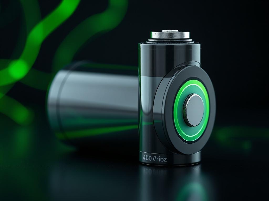 A close-up shot of a Na-ion battery with a modern technological design, set against a dark background with green accents. The battery should be prominently displayed, showcasing its sleek and innovative features. The photo should have a hyper-realistic quality, focusing on the battery's texture and details, captured with a 45mm f/1.2 lens.