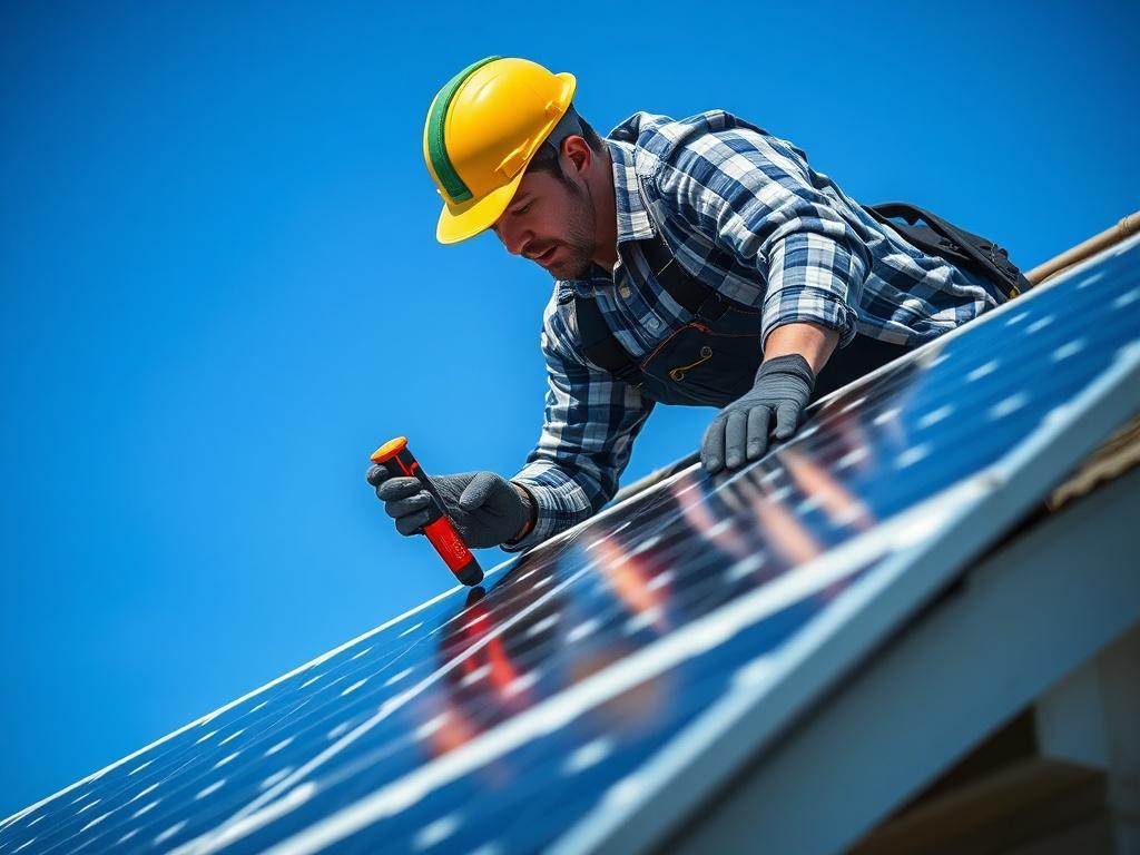 A close-up shot of a technician installing solar panels on a residential roof, with a focus on the solar panels and the tools being used. The background should be a clear blue sky, highlighting the solar technology. The image should incorporate a dark background with white and green accents, reflecting the modern and eco-friendly approach.