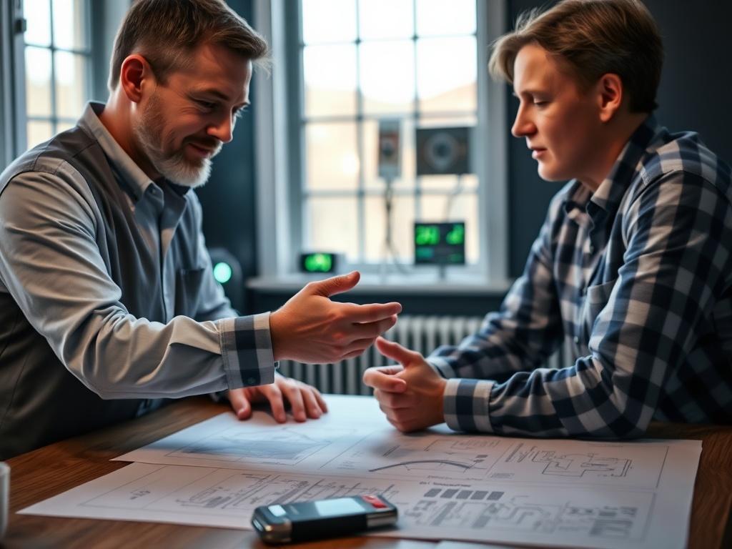 A close-up shot of an electrical consultant discussing plans with a homeowner, with blueprints and electrical schematics on the table. The setting should convey professionalism and clarity. The image should have a dark background with white and green accents, emphasizing the technological aspect.