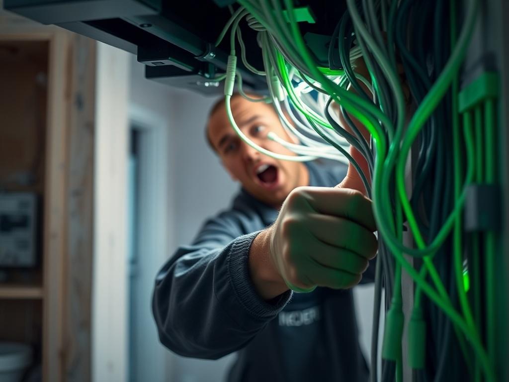 A close-up shot of a professional electrician installing wiring in a modern home, showcasing the intricate details of the electrical installation work. The setting should be a partially finished room with visible electrical components. The image should have a dark background with white and green accents, emphasizing the technology and precision involved in the installation.