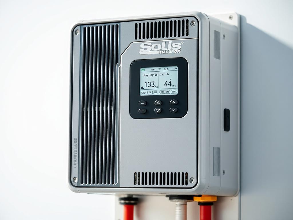 A close-up shot of a Solis hybrid inverter, showcasing its sleek design and digital interface. The background should be simple and clear, emphasizing the inverter's features. The image should convey a sense of technology and reliability, suitable for residential and commercial systems. The colors should align with the primary color rgb(243, 153, 62).