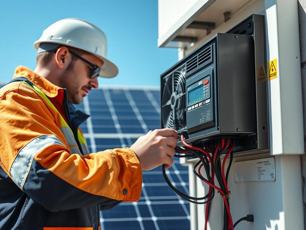A close-up shot of a solar inverter installation, showcasing a professional technician carefully connecting wires and adjusting settings. The background includes solar panels and a clear blue sky, emphasizing renewable energy. The image should be hyper-realistic, captured with a 45mm f/1.2 lens, focusing on the details of the inverter and the technician's hands.