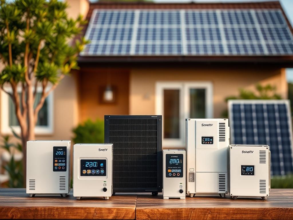 A detailed close-up of various solar inverters displayed on a table, highlighting their unique features and specifications. The background should be a soft focus of a home with solar panels installed, conveying a professional and informative atmosphere. The image should be hyper-realistic, taken with a 45mm f/1.2 lens.