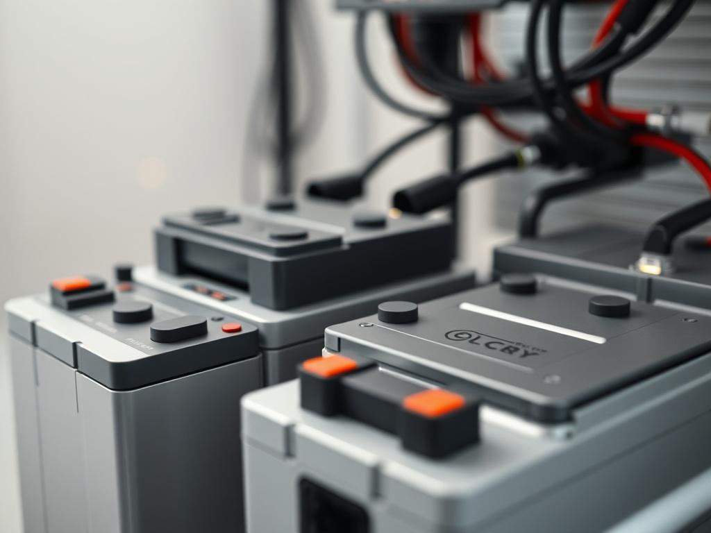 A high-resolution photo of a modern energy storage system, showcasing sleek design and technology. The image should focus on the batteries and their connections, with a clean, minimalist background. The lighting should highlight the features of the batteries, emphasizing their functionality in energy management. The composition should be simple, capturing the essence of innovation in energy storage.