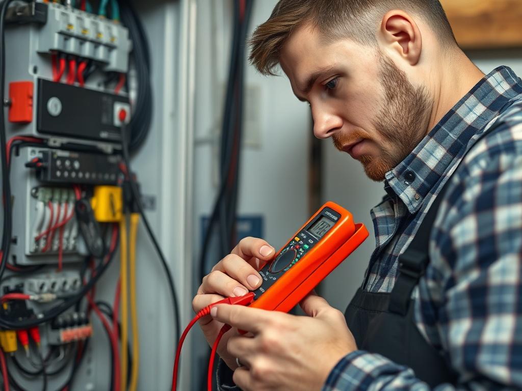 A close up of an electrician inspecting a home's electrical
