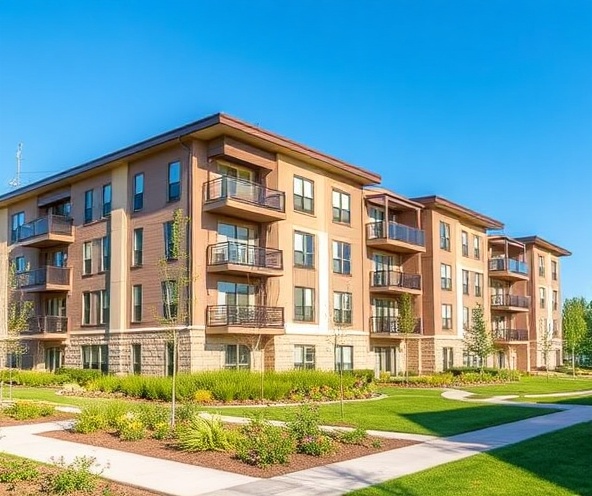 Modern residential multifamily apartment buildings with professional exterior and landscaping