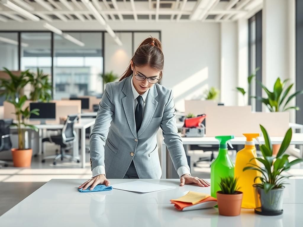 A professional office cleaning scene, featuring a well-dressed cleaner using eco-friendly cleaning supplies in a modern office space. The background should show a minimalistic office with clean lines, vibrant colors, and natural light coming through large windows. The focus should be on the cleaner diligently wiping down a desk, with organized workstations and potted plants in the background to convey a fresh and inviting atmosphere.