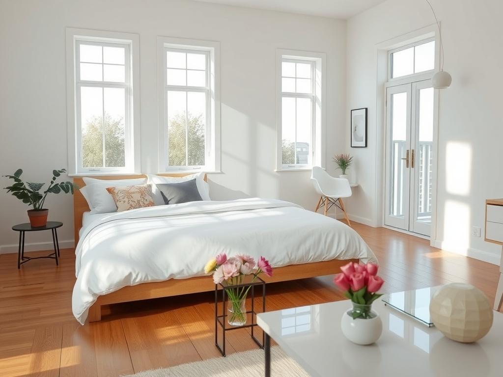 A clean and inviting Airbnb living room, showcasing a well-made bed with crisp white linens and decorative pillows. The room features bright, natural light streaming through the large windows, highlighting the polished wooden floors and modern decor. A minimalistic style with clean lines, bold vibrant colors, and essential elements like fresh flowers on a coffee table. The background should be simple and uncluttered to emphasize the cleanliness and welcoming atmosphere of the space.
