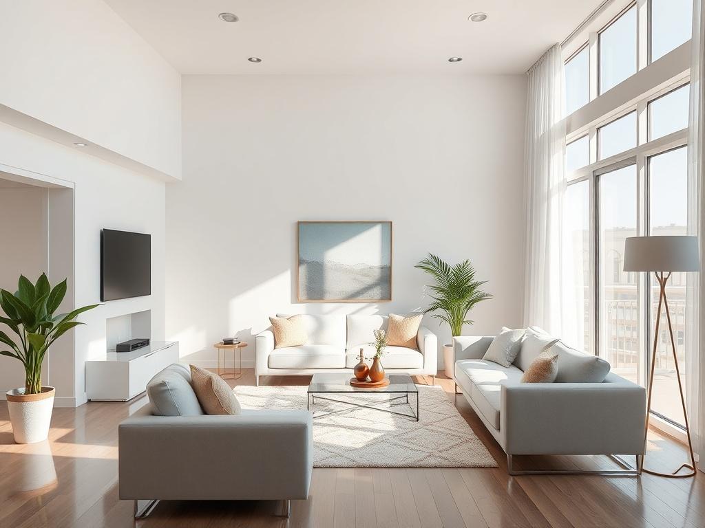 A clean, well organized living room with sunlight streaming in