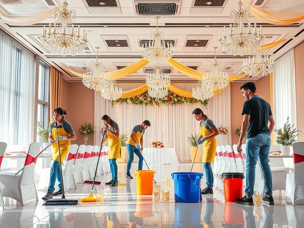 A team of friendly cleaners tidying up a beautifully decorated