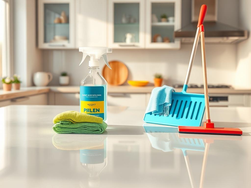 Create a realistic high-resolution photo that captures the essence of a sparkling home. The composition should be simple and clear, featuring a single subject: a pristine, gleaming kitchen countertop. The countertop should showcase an arrangement of cleaning products, such as a spray bottle with a vibrant label, microfiber cloths in bold, bright colors, and a stylish dustpan and broom set. Ensure that there are reflections on the countertop surface, enhancing the sense of cleanliness and sparkle.

In the ba