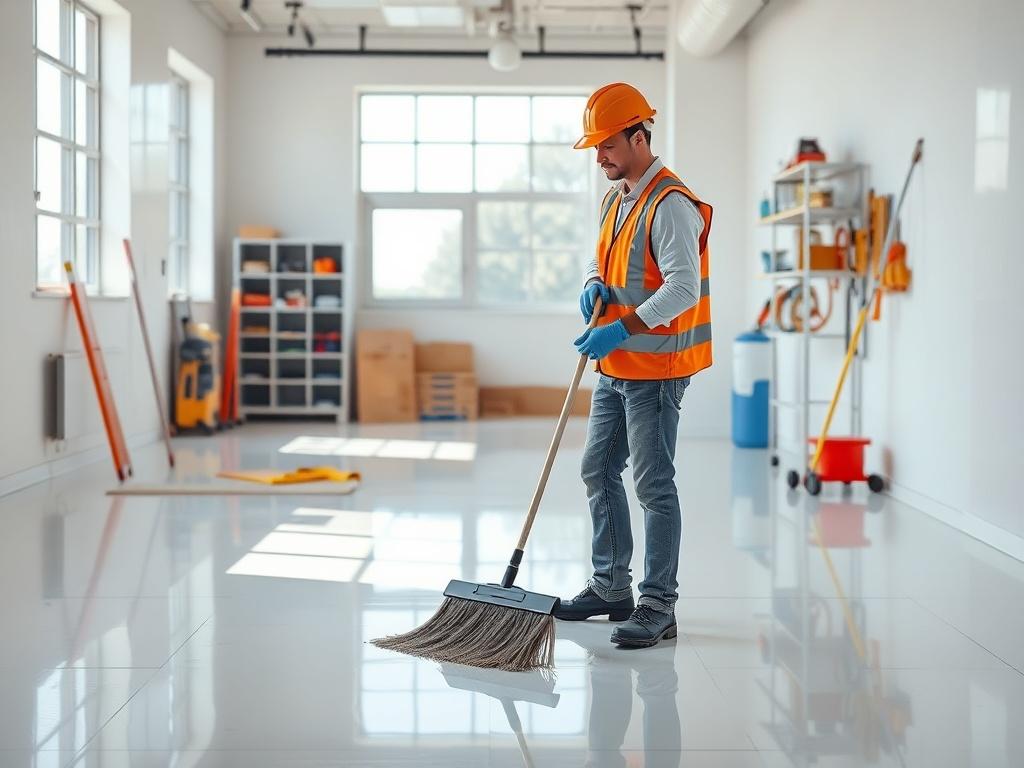 A realistic high-resolution image of a construction site after a clean-up. The image should show a bright and spotless area with no debris or dust. A worker in a safety vest and hard hat is sweeping the floor, surrounded by clean surfaces and shining windows. The background should include freshly painted walls and organized tools, reflecting a professional and tidy post-construction environment. The color scheme should feature bold vibrant colors with clean lines, emphasizing essential elements.
