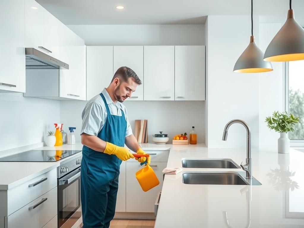 A professional cleaner in a bright and modern kitchen, meticulously cleaning countertops and appliances. The scene should convey a sense of freshness and cleanliness, showcasing sparkling surfaces and organized spaces. The background should be minimalistic and well-lit, emphasizing the transformation of the space. The color scheme should include bold vibrant colors, focusing on essential elements like cleaning supplies and pristine kitchenware.