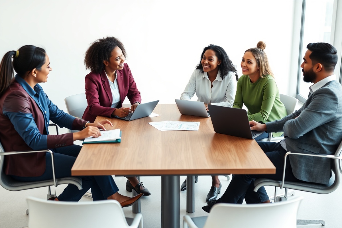 Five professionals discussing business strategy at table with notebooks and tablet