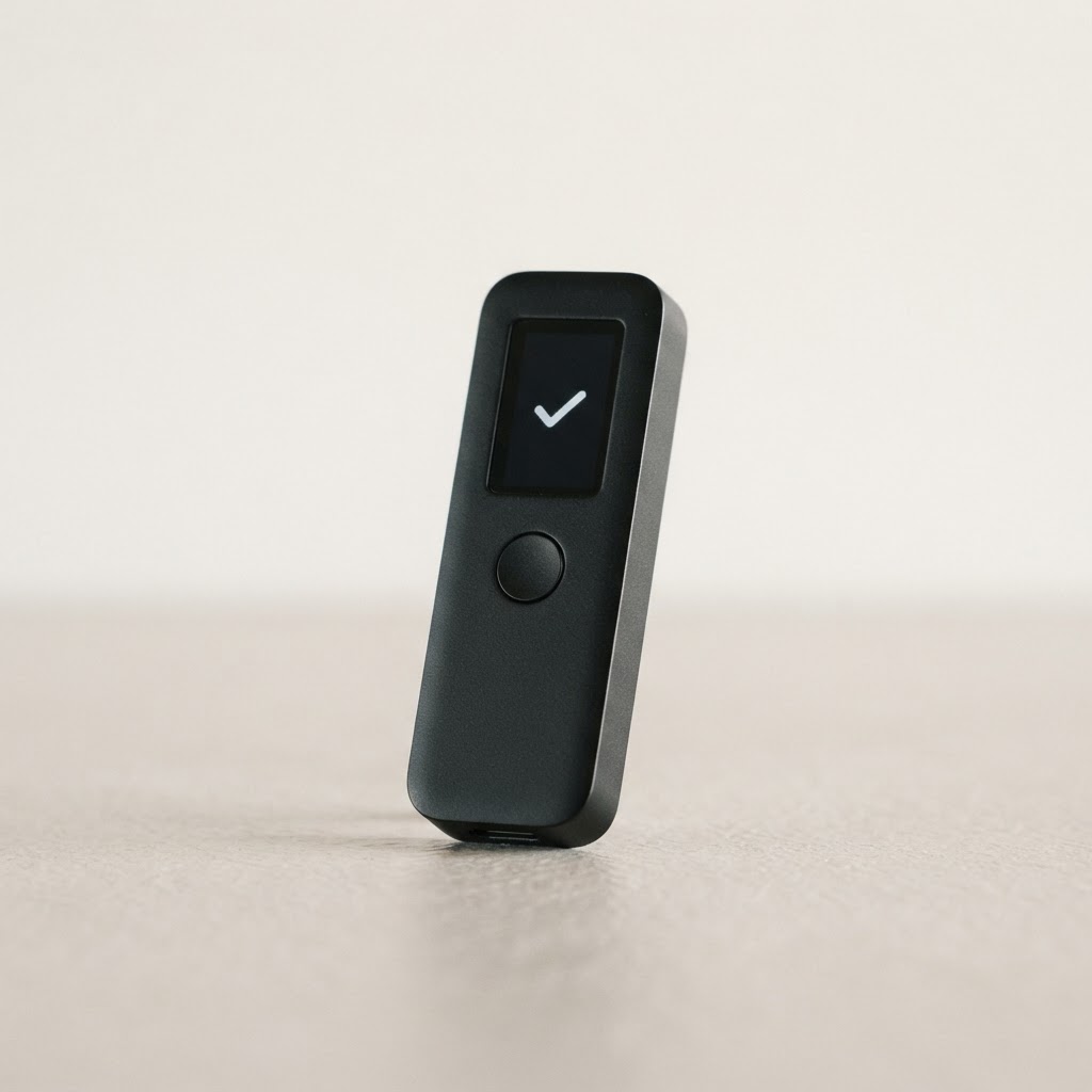 A black hardware wallet device shown upright on a clean studio background