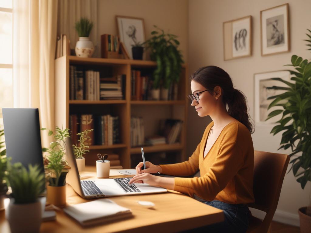 A cozy home office setup featuring a person attending an
