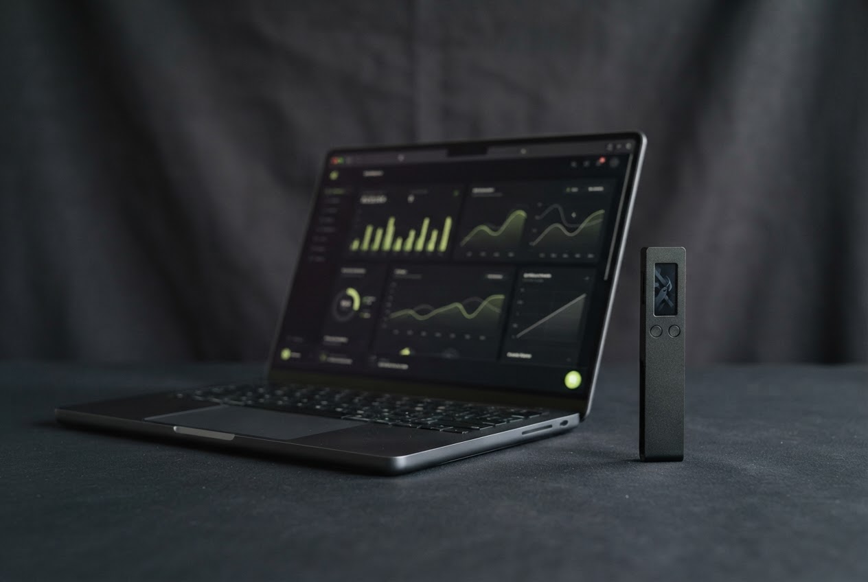 Matte-black hardware wallet beside a laptop with a generic desktop portfolio dashboard