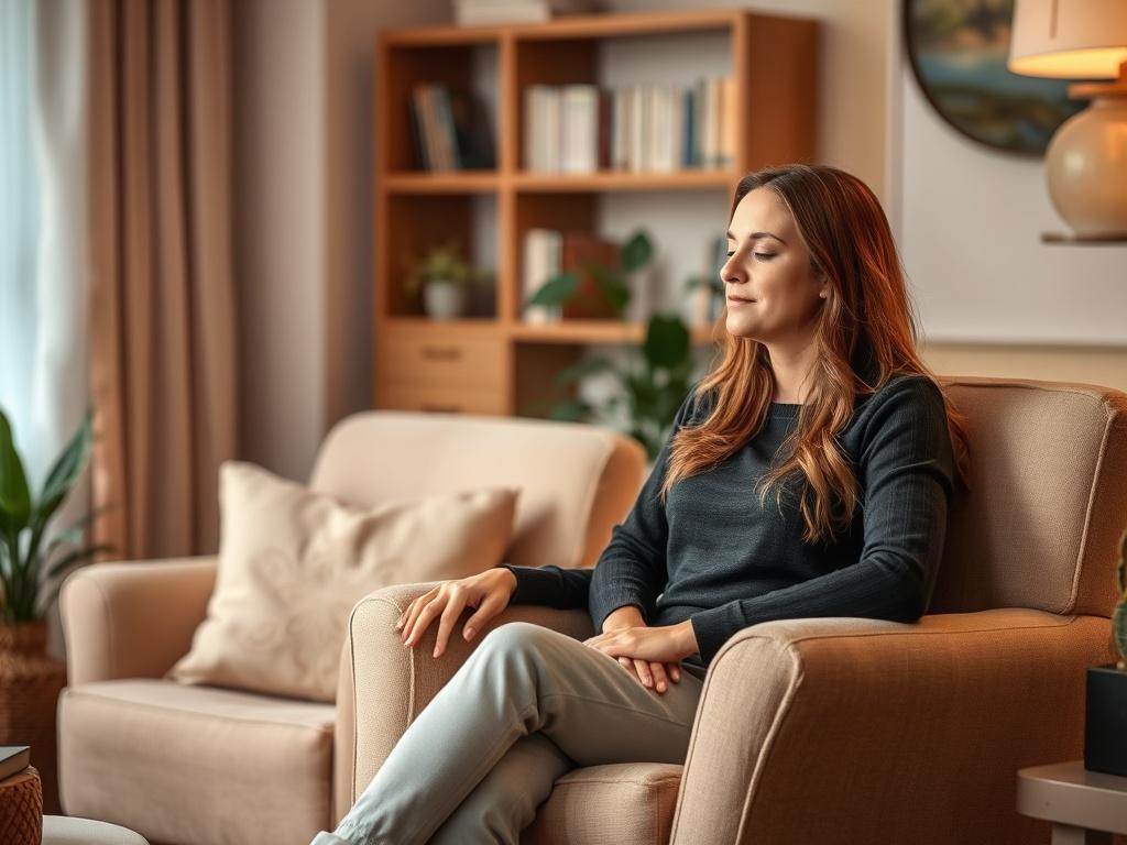 Create a realistic high-resolution photo that encapsulates the theme of a blog titled "Benefits of Hypnotherapy." The image should feature a serene, cozy setting that evokes a sense of calm and introspection. 

**Composition Details:**
- The image should include one main subject: a therapist gently guiding a client through a hypnotherapy session. The therapist should be depicted sitting in a comfortable armchair, leaning slightly forward to show engagement and support. The client, seated opposite, appears r