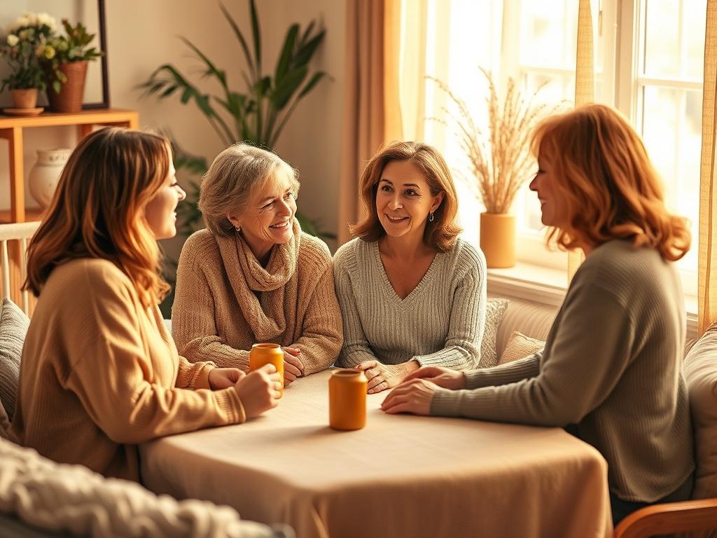 A serene, warm-toned setting featuring four women gathered around a cozy table, engaged in a supportive discussion about menopause. Soft golden lighting bathes the room, creating a comforting atmosphere. Each woman expresses empathy and understanding, showcasing a sense of community. The background features warm, inviting decor with plants and soft textures, enhancing the feeling of intimacy and connection.