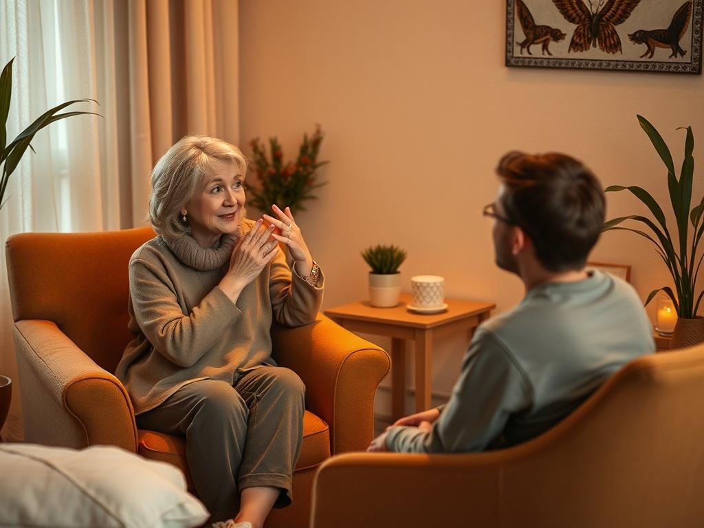 Create a realistic high-resolution photo depicting a serene and inviting atmosphere that reflects the theme of a blog post titled "EFT/TFT Techniques Explained."  

**Composition**: The image should feature a single subject, a calm and approachable therapist in a cozy, softly-lit therapy room. Position the therapist sitting comfortably in a plush armchair, engaging with a client who is seated across from them. The therapist is a middle-aged woman with a warm smile, dressed in soft, earth-toned clothing to c