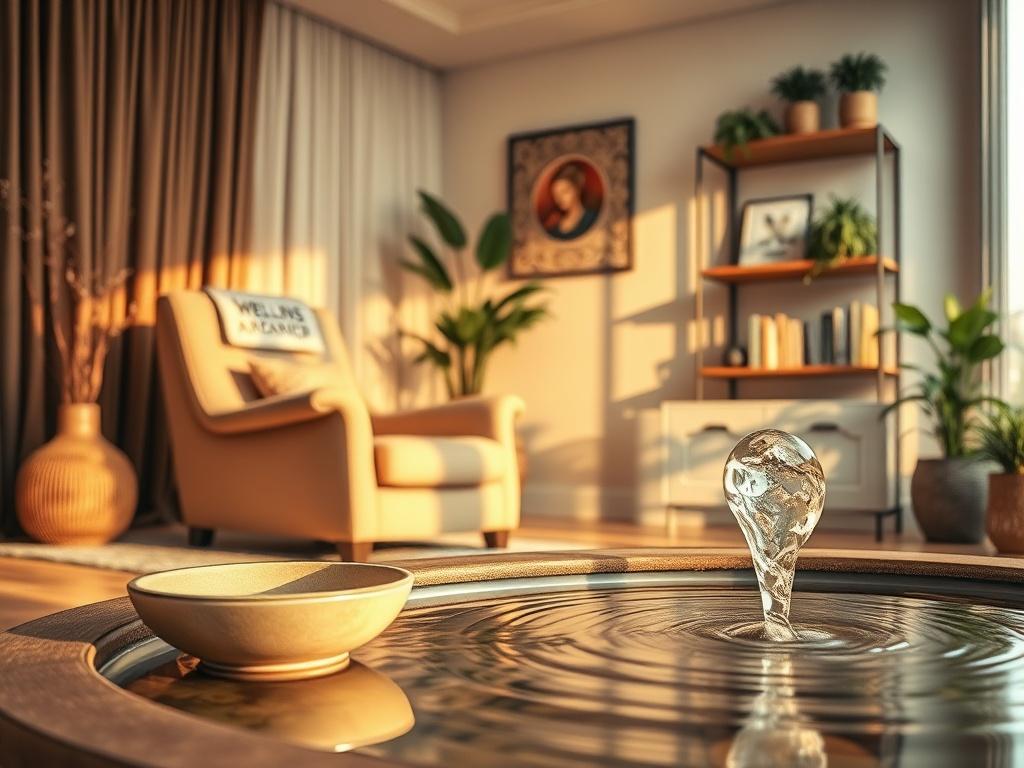 A serene room designed for hypnotherapy, featuring a comfortable recliner, soft lighting, and calming decor. The atmosphere is peaceful, with warm golden hues and gentle shadows creating a relaxing ambiance. In the foreground, a tranquil water fountain softly flows, adding to the soothing environment. The background shows shelves with wellness books and plants, enhancing the sense of calm and healing.