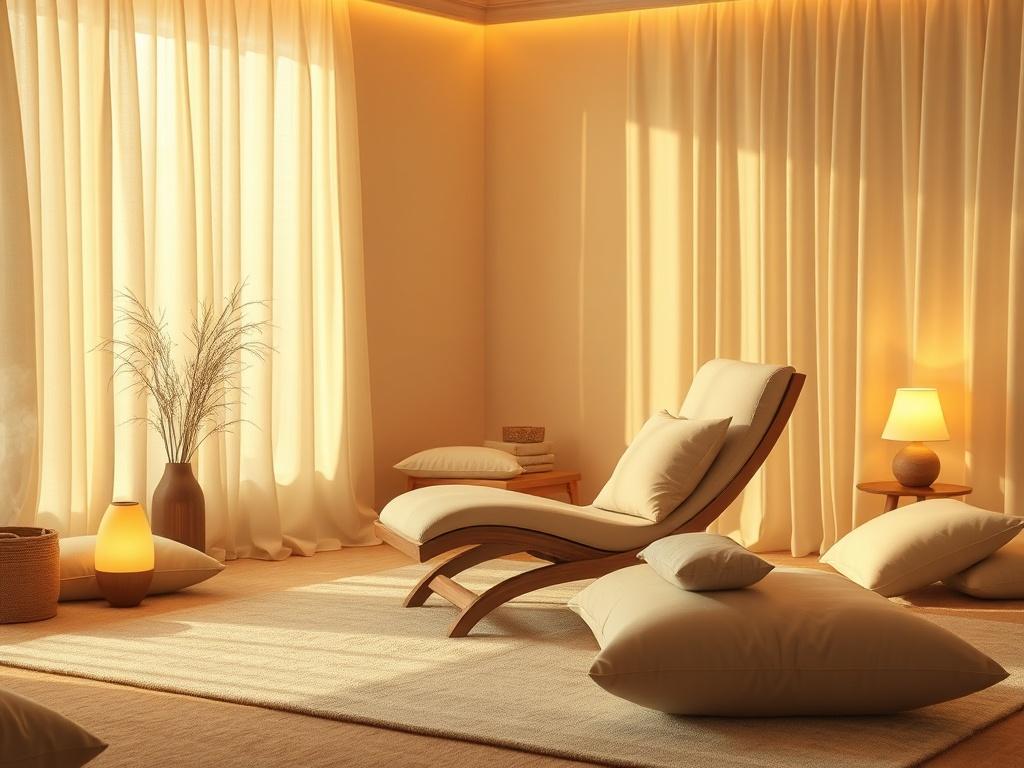 A tranquil hypnotherapy room with gentle lighting. A comfortable recliner is positioned in the center, surrounded by soft cushions. A calming scent diffuser emits a light mist, and soothing music plays in the background. The ambiance encourages relaxation and healing.