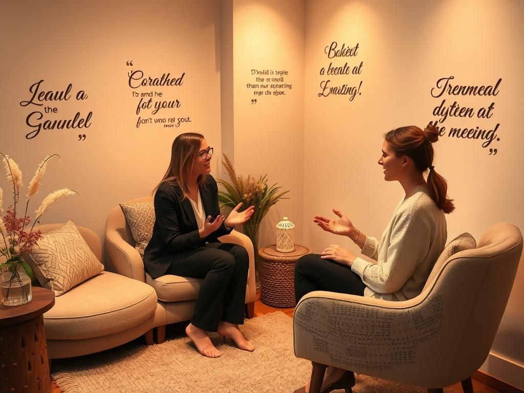A peaceful therapy space with soft, golden hues and comfortable seating. A practitioner demonstrates EFT tapping techniques with a client, who appears relaxed and engaged. Inspirational quotes adorn the walls, creating an uplifting environment.