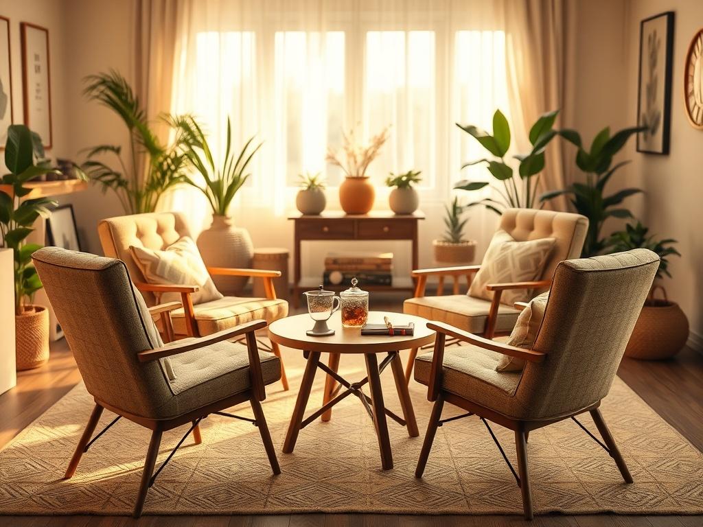 A serene, cozy setting with four chairs arranged in a circle, featuring soft golden lighting. In the center, a small table holds herbal teas and notebooks. The background is a softly lit room with calming decor, plants, and warm colors, creating a nurturing atmosphere. The focus is on the inviting space, emphasizing comfort and community.