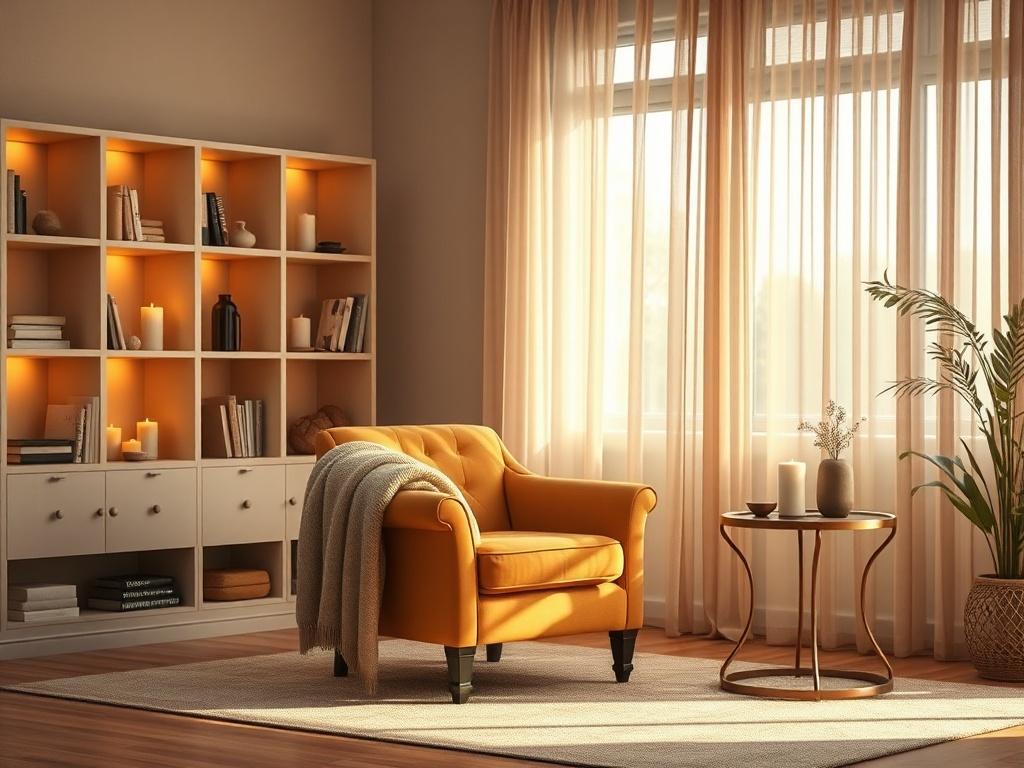 Create a realistic high-resolution photo for a blog titled "Understanding Past Life Regression." The composition should be simple and clear, focusing on a single, inviting subject: a serene therapist's room. 

The subject matter should include a comfortable, elegantly designed armchair in warm golden hues, situated in the center of the room. A plush throw blanket can be casually draped over the arm of the chair, adding a touch of coziness. 

In the background, softly lit shelves filled with soothing decor i