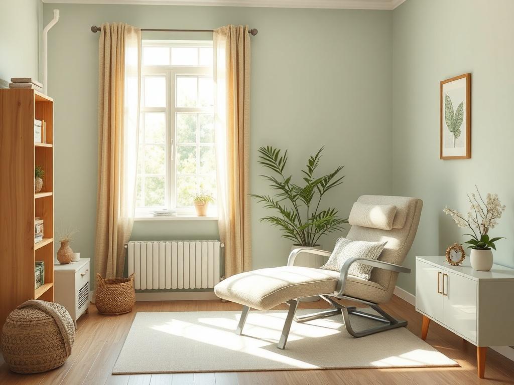 A serene and inviting therapy room, featuring a comfortable recliner,