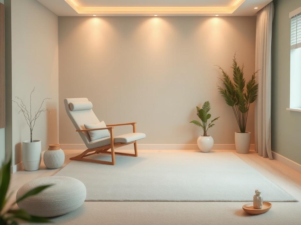A serene, high resolution image of a tranquil therapy room
