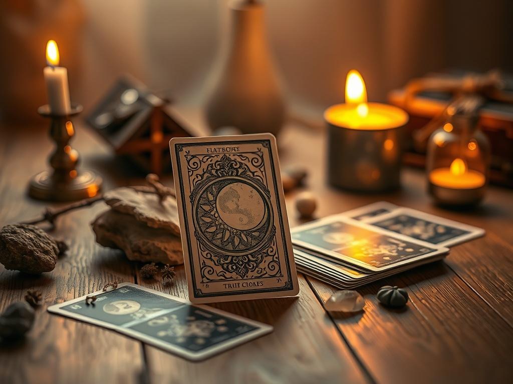 Create a realistic high-resolution photo that embodies the theme of "Tarot Reading Insights." The composition should be simple and clear, featuring a single subject: a beautifully crafted tarot card, prominently displayed on a wooden table. 

The tarot card should be the focus of the image, showcasing intricate artwork that reflects a sense of mystery and intuition, perhaps featuring symbols like the moon or stars to denote guidance and personal growth themes. Surrounding the card, gently scatter a few more