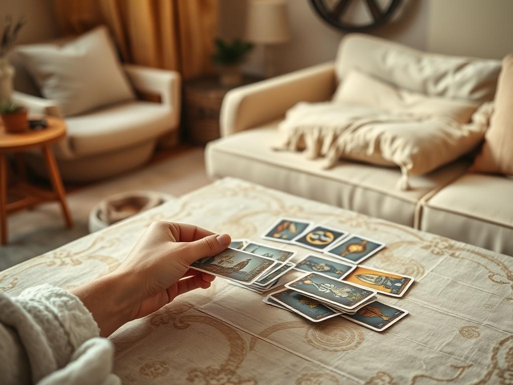 A serene tarot reading session taking place in a cozy, softly lit room. The scene features a single tarot deck spread out on a beautifully textured table, with a pair of hands gently holding a card, symbolizing connection and insight. The background showcases warm golden hues, comfortable seating, and subtle decor that evokes a calming atmosphere, inviting the viewer into a peaceful and reflective space.